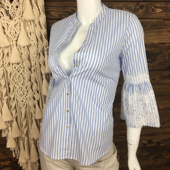 Anne‎ Klein | Striped Lace Bell Sleeve Button Down Blouse - Picture 3 of 7